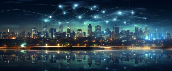 Futuristic cityscape with digital lines and data connections in the sky, wide-angle shot, city skyline at night with illuminated skyscrapers, futuristic technology concept, wide panorama.