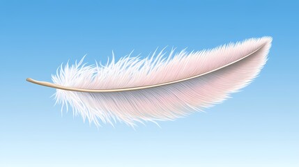 Obraz premium Single white feather with pink hue floating in blue sky.