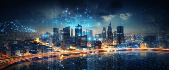 Fototapeta premium Futuristic cityscape with digital lines and data connections in the sky, wide-angle shot, city skyline at night with illuminated skyscrapers, futuristic technology concept, wide panorama.