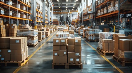 Warehouse interior with organized pallets of cardboard boxes during daytime