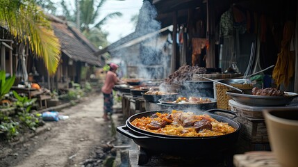Closeup of Steaming Food in a Large Pot at a Street Food Stall