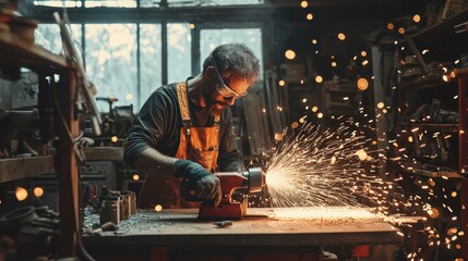 Sculptor using angle grinder at workshop