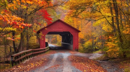 A scenic autumn view of a historic covered bridge surrounded by trees with brilliant fall foliage
