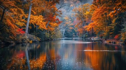 Fototapeta premium A scenic autumn view of a winding river surrounded by trees in full fall colors, with the vibrant leaves reflected in the calm water below