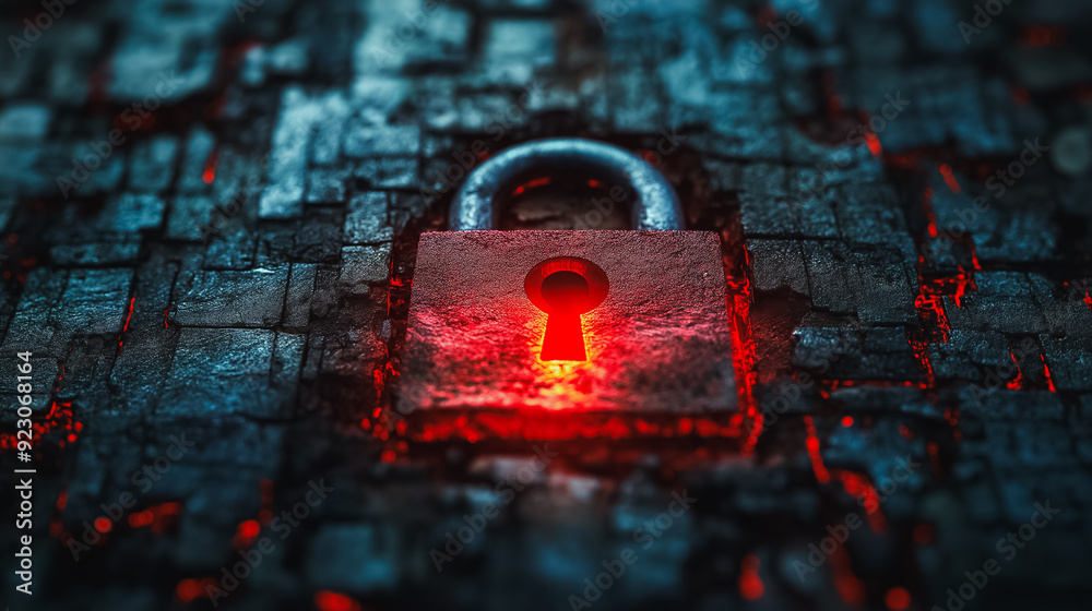 Poster hacker attack with a red broken padlock symbolizing a security breach, highlighting system hacking a