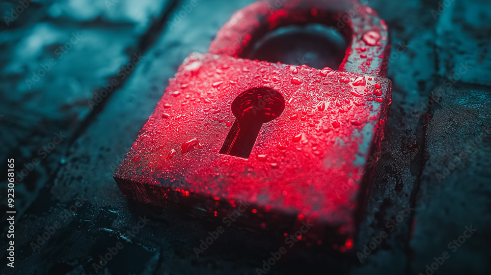 Poster hacker attack with a red broken padlock symbolizing a security breach, highlighting system hacking a