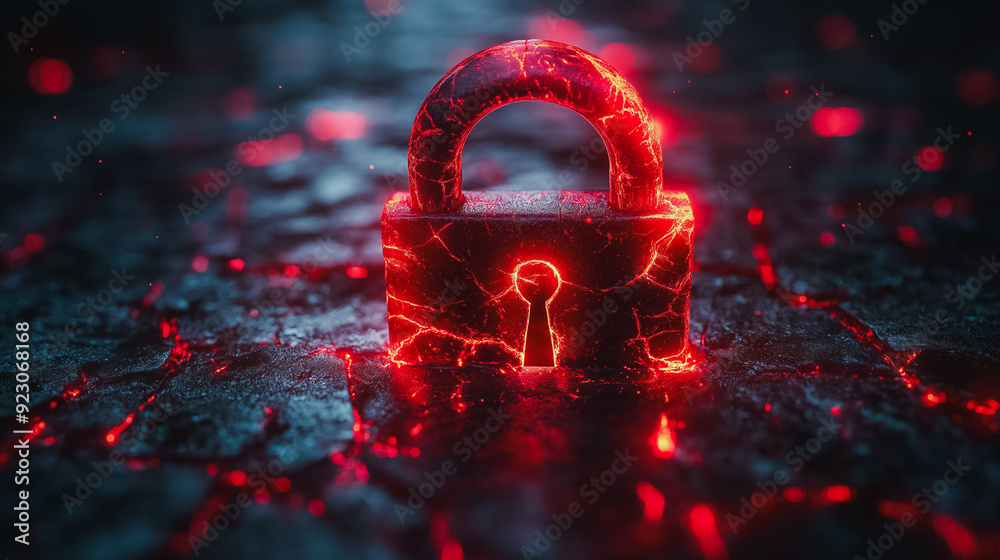 Poster cybersecurity breach concept featuring a red broken padlock, illustrating a hacker attack and system