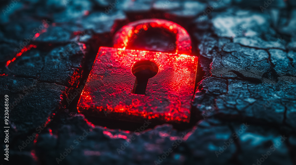 Poster cybersecurity breach concept featuring a red broken padlock, illustrating a hacker attack and system