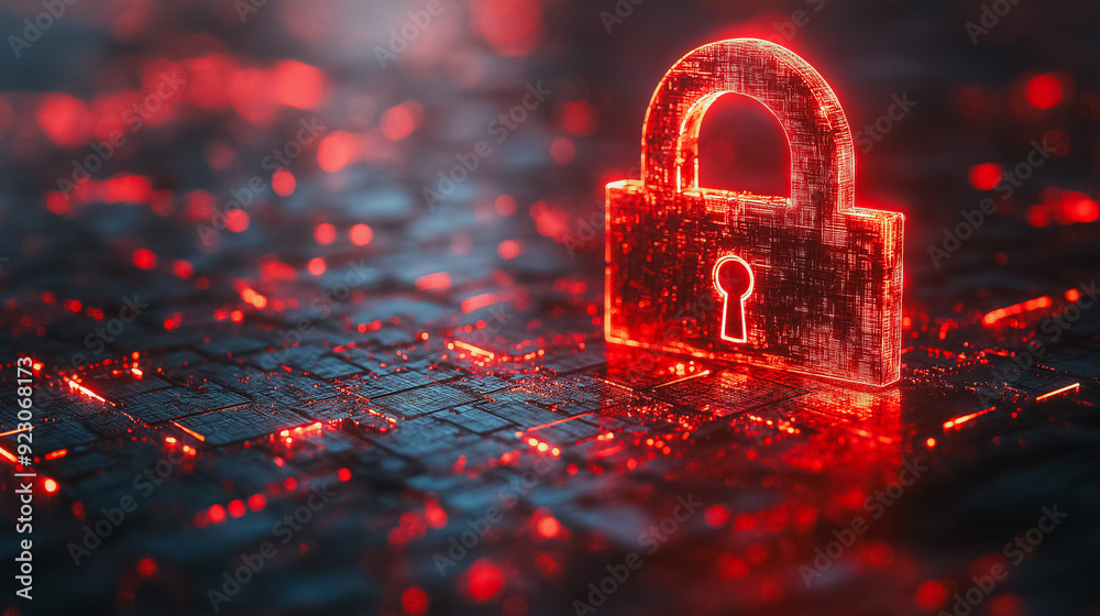 Poster security breach scene with a red broken padlock, emphasizing a hacker attack and system hacking, sho