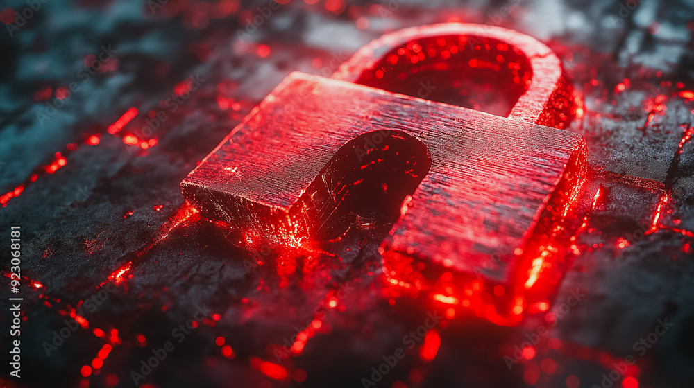 Poster security breach scene with a red broken padlock, emphasizing a hacker attack and system hacking, sho