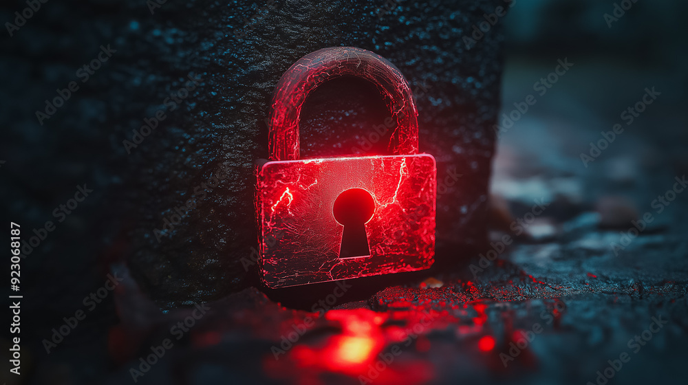 Poster security breach scene with a red broken padlock, emphasizing a hacker attack and system hacking, sho