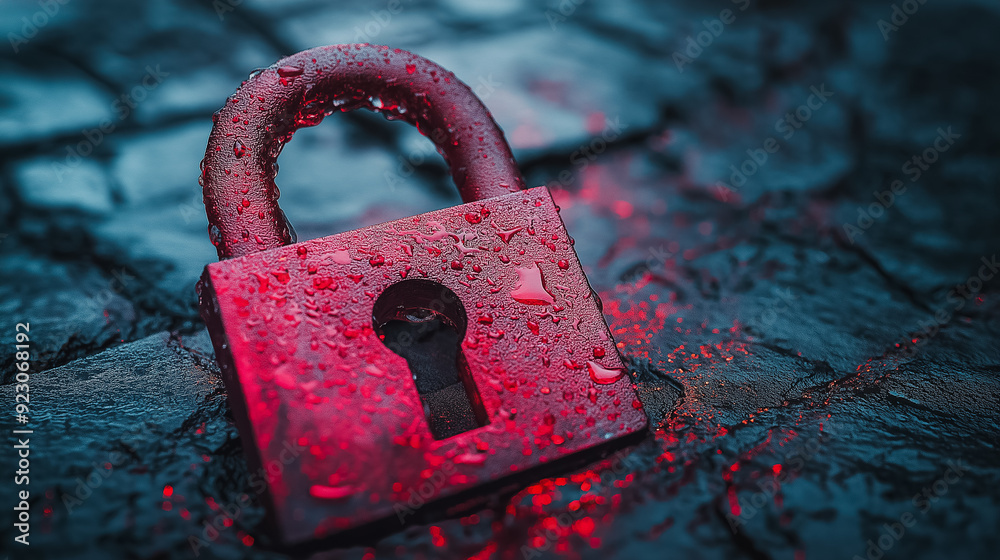 Poster security breach scene with a red broken padlock, emphasizing a hacker attack and system hacking, sho