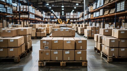 Organized storage of cardboard boxes in a warehouse during the day
