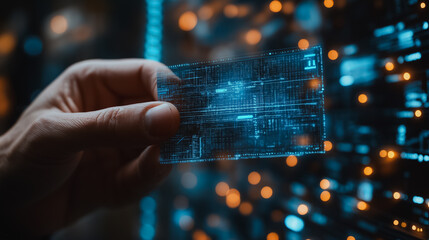 Digital identification concept, businessman showing digital ID card on virtual screen, accessing databases, cybersecurity, secure digital identity