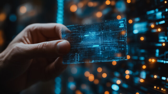 Digital identification concept, businessman showing digital ID card on virtual screen, accessing databases, cybersecurity, secure digital identity