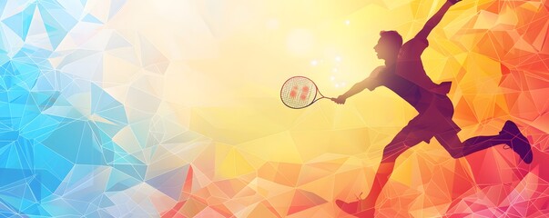 Silhouette of a Tennis Player in Motion Against a Colorful Geometric Background