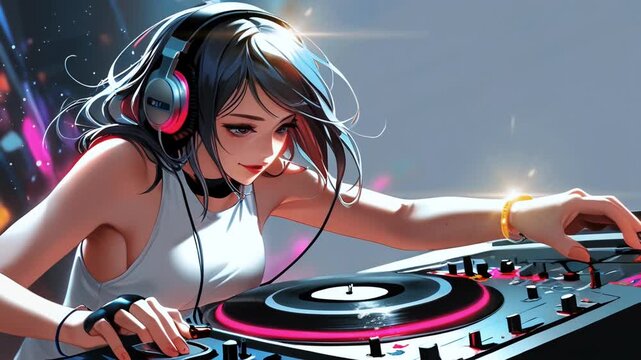 A dj girl with smooth looping video anime style and 4K animation 