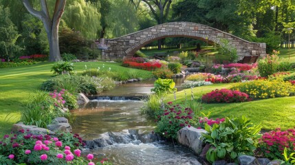 Fototapeta premium A scenic public garden with a historic stone bridge, colorful flowerbeds, and a gently flowing stream adding
