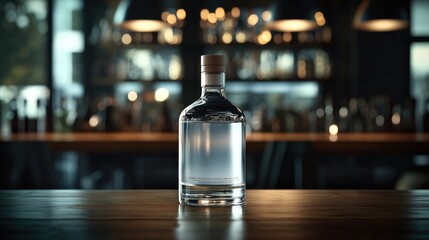A glass bottle with a wooden cap sits on a wooden counter top with a blurred bar background.