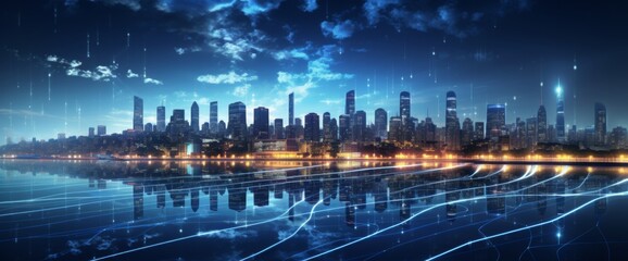 Obraz premium Futuristic cityscape with digital lines and data connections in the sky, wide-angle shot, city skyline at night with illuminated skyscrapers, futuristic technology concept, wide panorama.