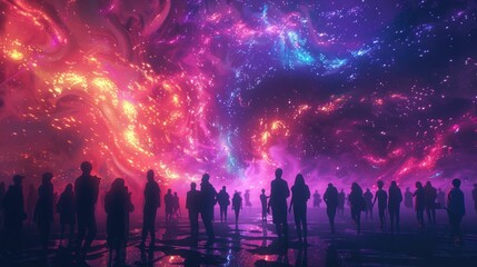 Music festival poster background with a dynamic blend of neon lights, abstract waves.