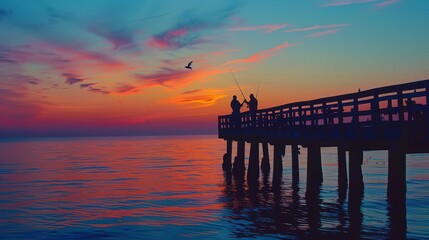 Obraz premium A scenic sunset over a fishing pier, with fishermen silhouetted against the colorful sky and the water reflecting the warm hues of dusk