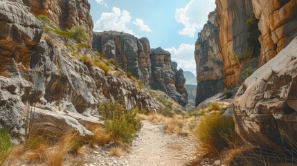 Obraz premium A scenic trail through a rocky canyon, with towering rock formations and a narrow path winding between the rugged cliffs