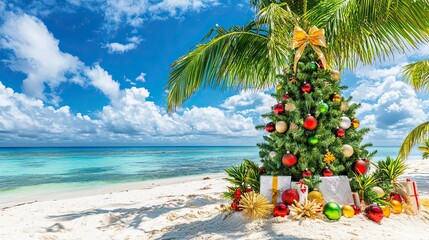 Christmas Tree on a Tropical Beach with Palm Tree and Gifts