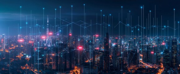 Abstract cityscape with digital data lines and night sky, futuristic skyline background. Concept of global network connection technology in an urban environment. 