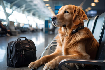 A dog is sitting on a bench next to a black suitcase