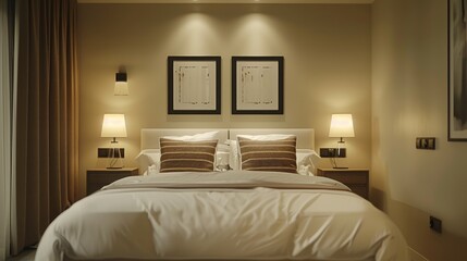 modern comfortable bedroom, with white bed, brown striped pillows, bedside lamps, black frame on beige wall.