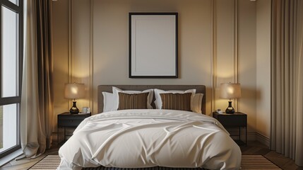 modern comfortable bedroom, with white bed, brown striped pillows, bedside lamps, black frame on beige wall.