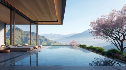 An elegant and luxurious spa retreat set in a tranquil mountain landscape. The spa features an infinity pool overlooking a valley, surrounded by lush greenery and blooming flowers. 