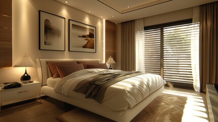 modern comfortable bedroom, with white bed, brown striped pillows, bedside lamps, black frame on beige wall.