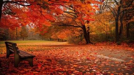 A scenic view of a park filled with fall foliage, where the vibrant reds, oranges,