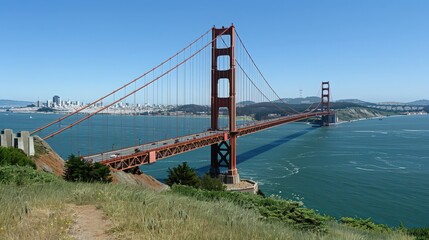 Obraz premium A scenic view of the Golden Gate Bridge with San Francisco in the background, showcasing the bridge as a prominent feature of the city skyline