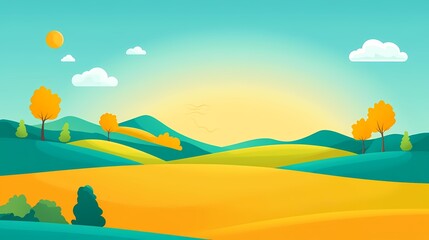 A cartoon landscape with rolling hills, green trees, and a blue sky with clouds.