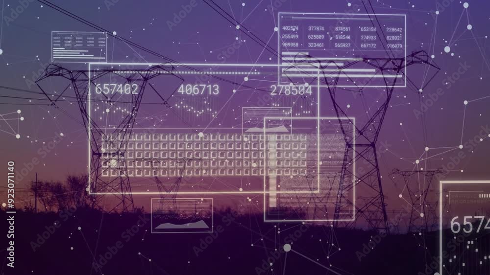 Poster sunset sky with power lines and data processing animation in background