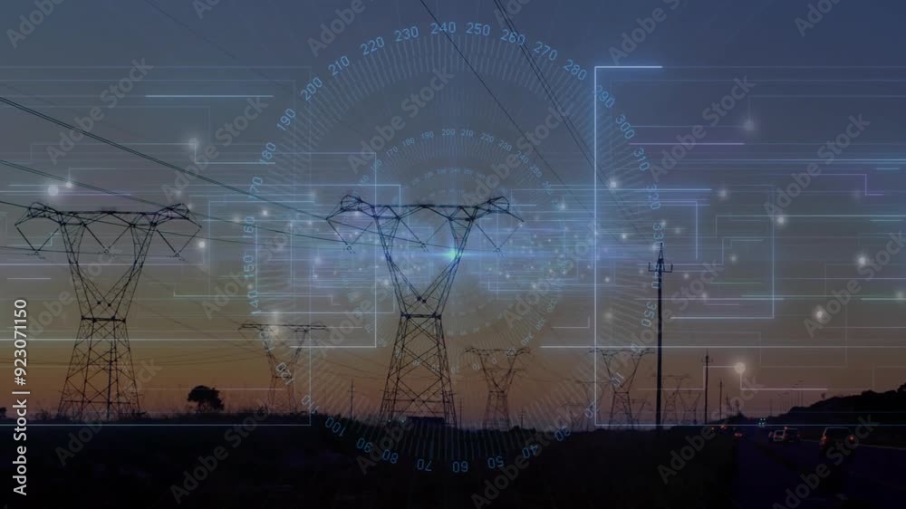 Poster power lines and electrical grids with data processing animation during sunset