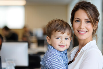 Fototapeta premium A woman is holding a young child in a business setting
