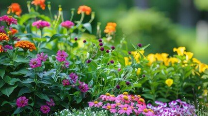 A serene flower garden featuring delicate orchids, colorful zinnias, and fresh pansies, all thriving in a well-tended landscape.