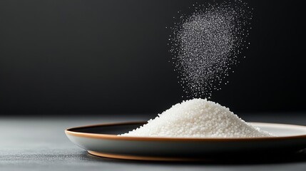 Artificial sweetener granules forming a mound on a plate, with a sprinkle in motion, Healthy sugar alternatives, Elegantly presenting dietary sweetening options