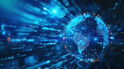 Obraz premium Interactive Educational Experience Featuring a Blue Hologram Globe with World Map and Glowing Data Streams: AI Global Communication Networks, Virtual Reality Simulations, Geospatial Data Visualization