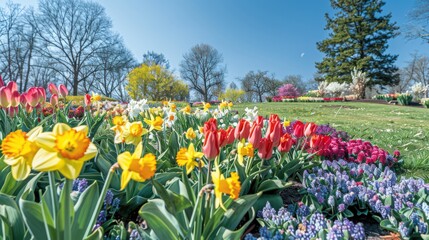 A serene garden filled with vibrant springtime blossoms, including tulips, daffodils, and hyacinths,
