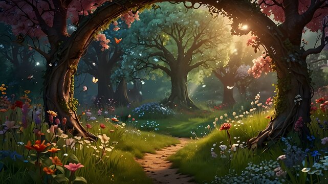 Beautiful, magical scenery. A background of a fantasy garden. lovely meadow with trees in full spring blossom. Copy space sits in the center of a round frame. Banner with a fairy tale theme.