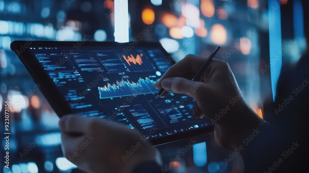 Poster software engineers leverage ai and digital technology to analyze big data, utilizing digital tablets