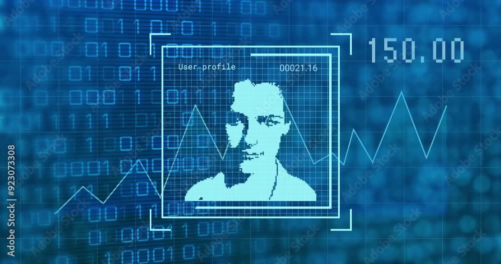 Poster binary code and facial recognition animation over digital profile with data points