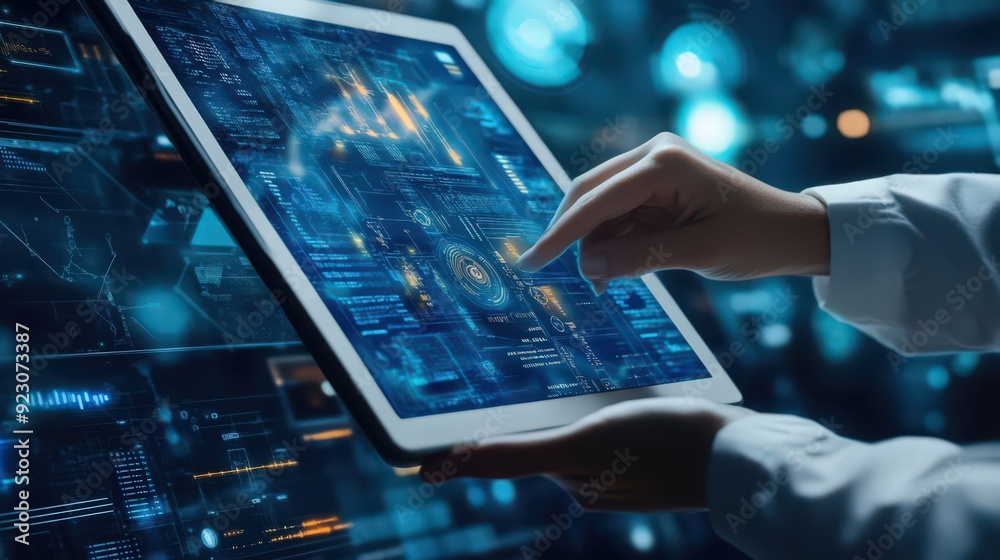 Aufkleber software engineers use digital tablets and ai for big data management, applying data science princip