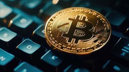 Close-up of a bitcoin coin on a keyboard with blockchain graphics, cryptocurrency, secure digital transactions