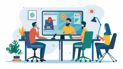 Startup founders in a video call with a mentor, seeking advice on business growth